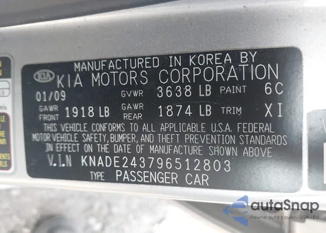 2009 Kia Rio5 Sx z USA, uszkodzony, nr VIN KNADE243796512803